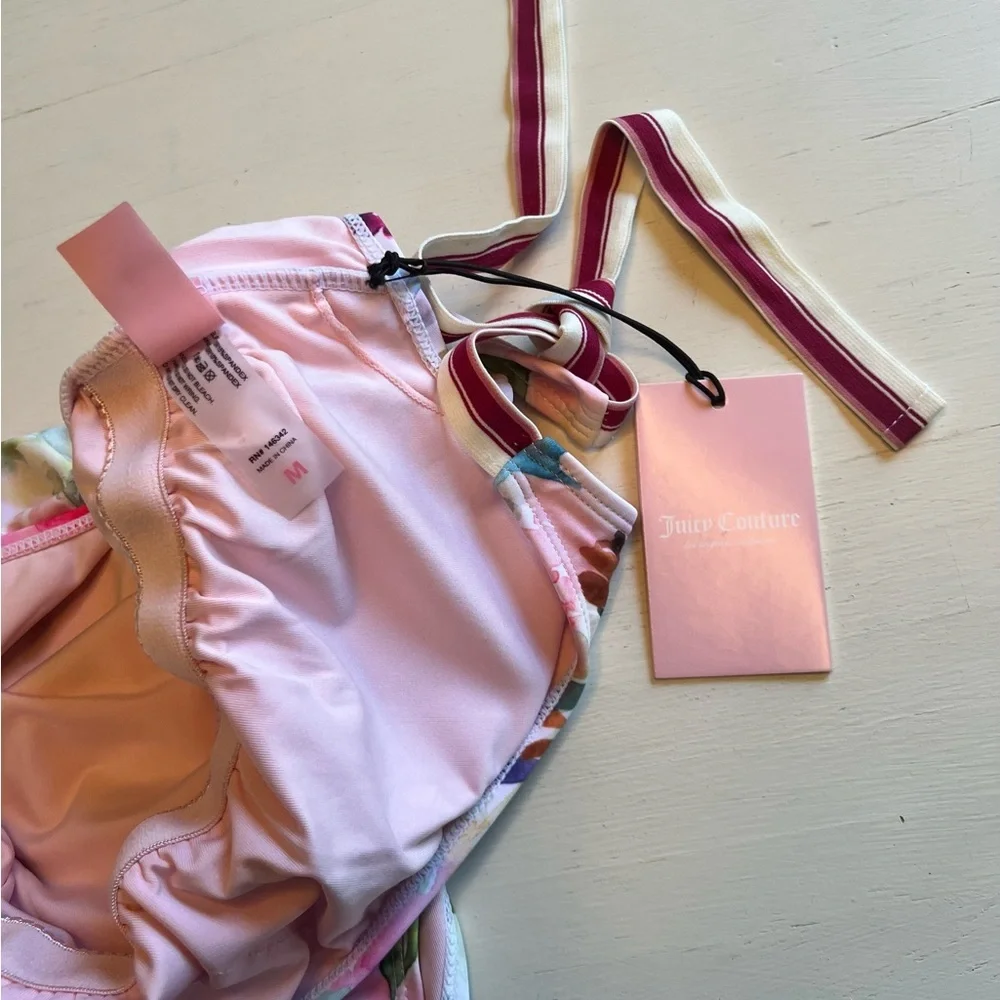 Juicy Couture Floral‎ One Piece Swimsuit Pink Watercolor Tie Shoulder Medium NWT